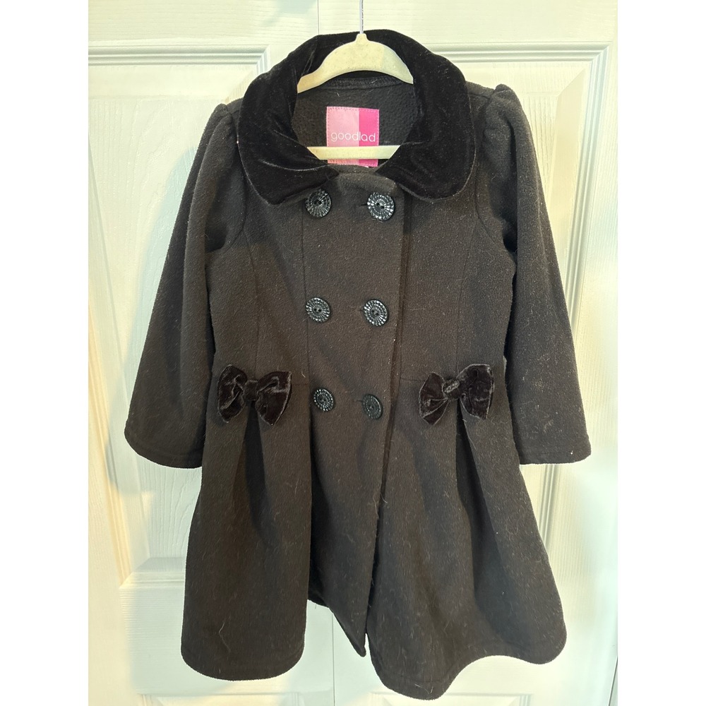 Good Lad Girls Black Fleece Dress Coat Velvet Collar Bows Size 4 816450XF3